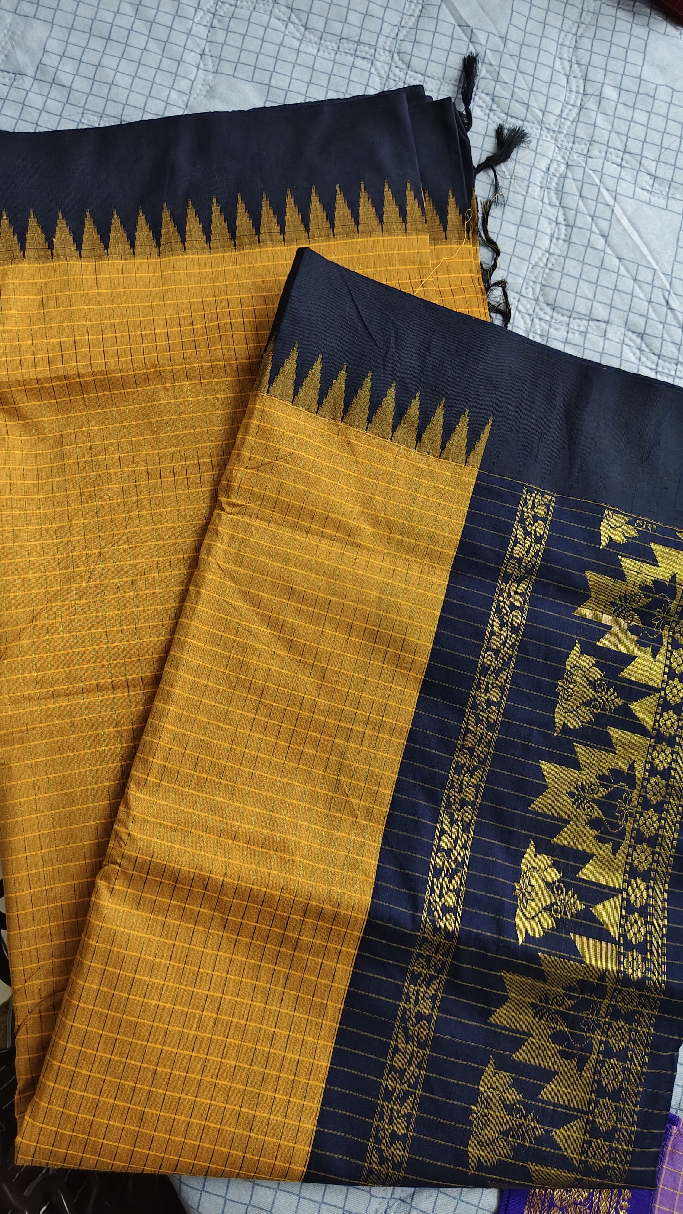 Kalyani cotton yellow, navy blue