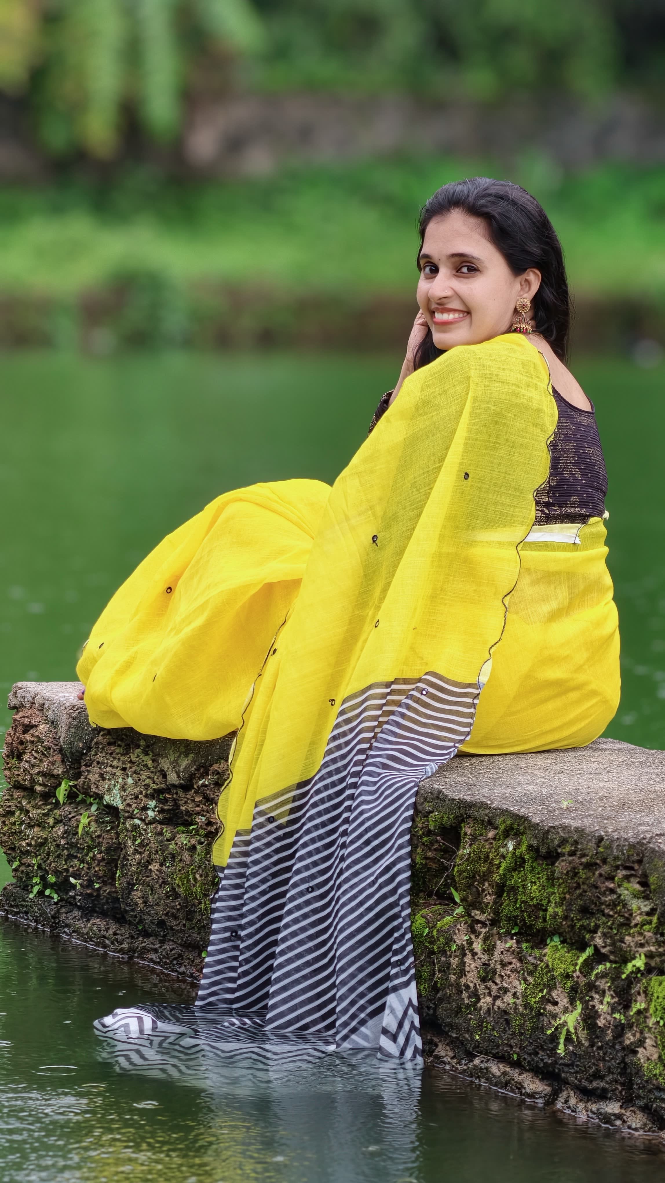 Yellow linen cotton saree